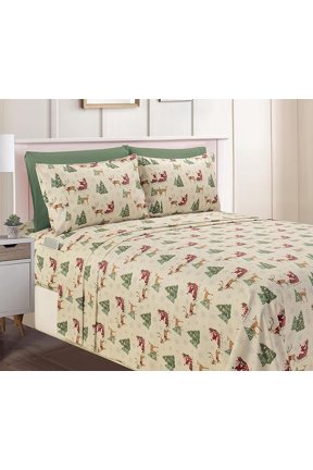 6-PIECE Luxury Soft Bed Sheets Holiday Pattern 1500 Premium Hotel Quality Microfiber-Softness Wrinkle and Fade Resistant - Bedding Set, Queen, Santa Moose