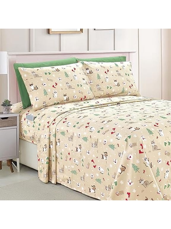 6 PIECE - Luxury Soft Bed Sheets Holiday Pattern 1500 Thread Count Egyptian Quality Microfiber-Softness Wrinkle and Fade Resistant Bedding Set, Queen, Cream Cats