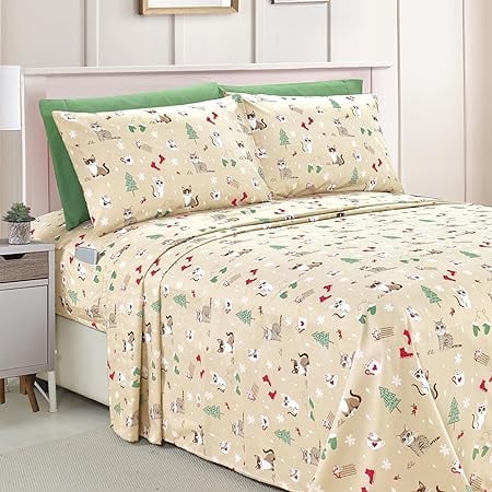 6 PIECE - Luxury Soft Bed Sheets Holiday Pattern 1500 Thread Count Egyptian Quality Microfiber-Softness Wrinkle and Fade Resistant Bedding Set, Twin XL, Cream Cats