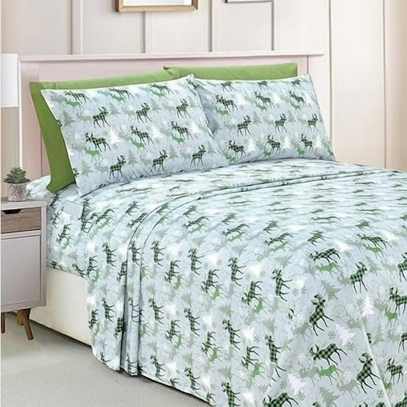6 PIECE - Luxury Soft Bed Sheets Holiday Pattern 1500 Thread Count Egyptian Quality Microfiber-Softness Wrinkle and Fade Resistant Bedding Set, Twin XL, Plaid Moose Green