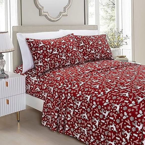 6 PIECE - Soft Bed Sheets Holiday Pattern 1500 Thread Count Egyptian Quality Microfiber-Softness Wrinkle and Fade Resistant Bedding Set, Cal King,Burgundy Reindeer