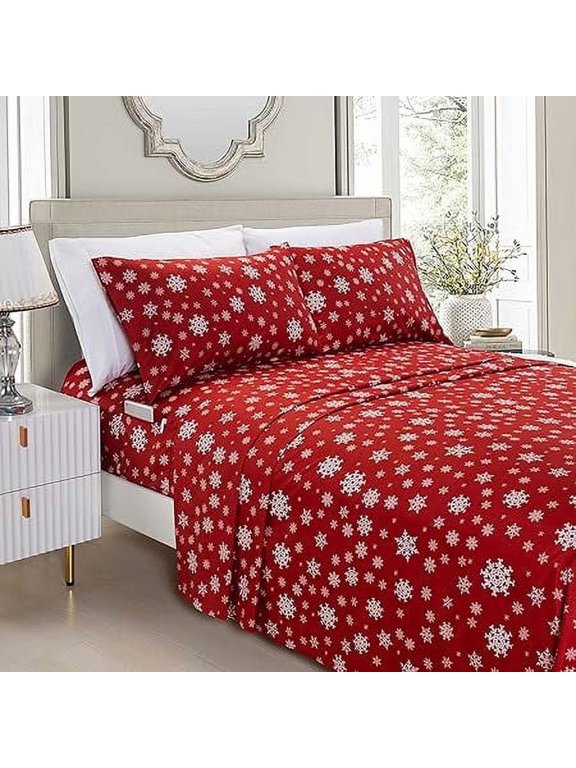 6 PIECE - Soft Bed Sheets Holiday Pattern 1500 Thread Count Egyptian Quality Microfiber-Softness Wrinkle and Fade Resistant Bedding Set, Cal King, SnowFlake-Burgundy