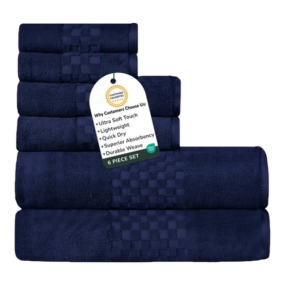 Feather and Stitch Premium 100% Cotton 6-Piece Towel Set, Navy Blue – Soft, Plush, and Absorbent Bathroom Towels