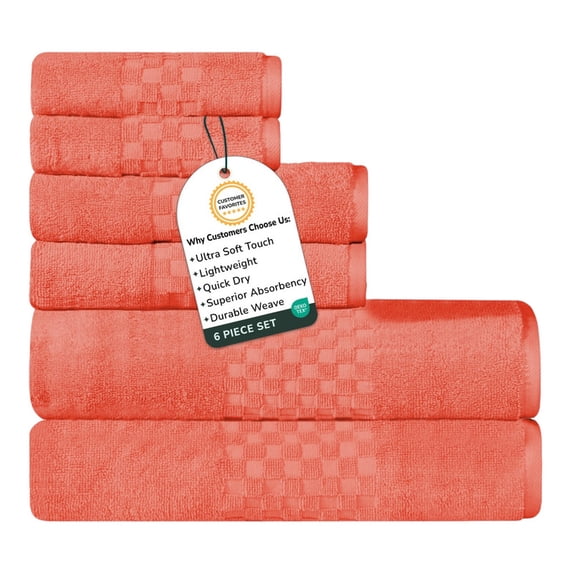 Feather and Stitch Premium 100% Cotton 6-Piece Towel Set, Coral – Soft, Plush, and Absorbent Bathroom Towels