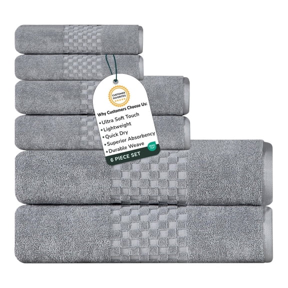 Feather and Stitch Premium 100% Cotton 6-Piece Towel Set, Grey – Soft, Plush, and Absorbent Bathroom Towels