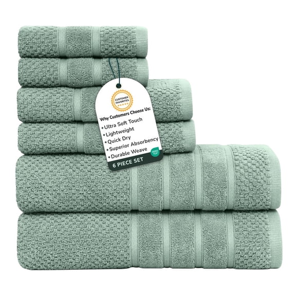 Feather and Stitch Premium 100% Cotton 6-Piece Towel Set, Granite Green – Soft, Plush, and Absorbent Bathroom Towels