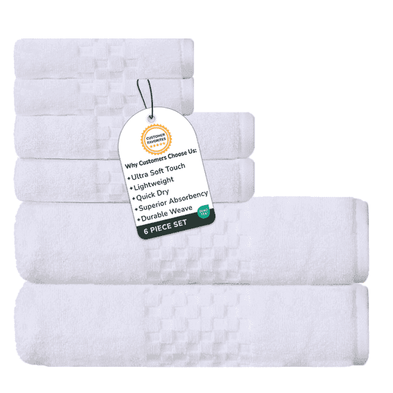 Feather and Stitch Premium 100% Cotton 6-Piece Towel Set, White – Soft, Plush, and Absorbent Bathroom Towels