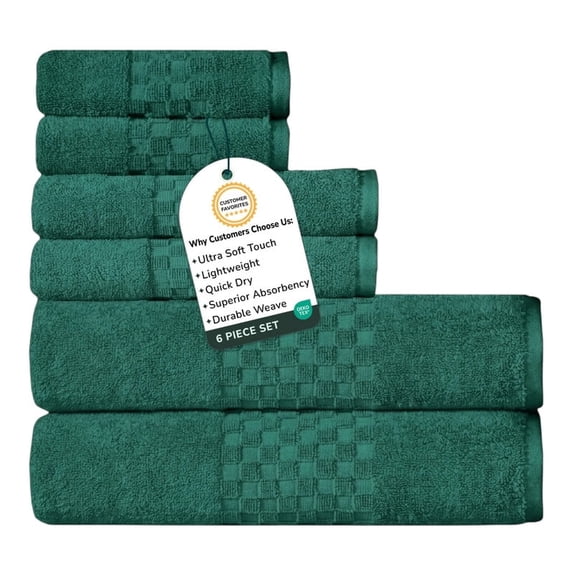 Feather and Stitch Premium 100% Cotton 6-Piece Towel Set, Hunter Green – Soft, Plush, and Absorbent Bathroom Towels