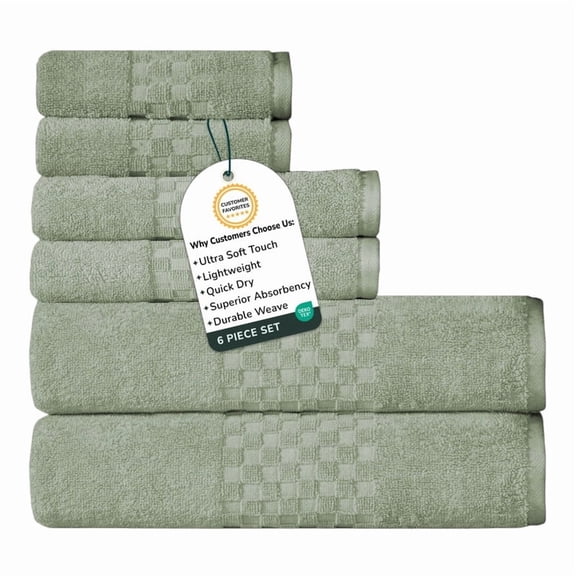 Feather and Stitch Premium 100% Cotton 6-Piece Towel Set, Sage Green – Soft, Plush, and Absorbent Bathroom Towels
