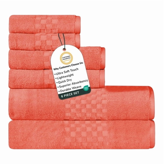 Feather and Stitch Premium 100% Cotton 6-Piece Towel Set, Coral – Soft, Plush, and Absorbent Bathroom Towels