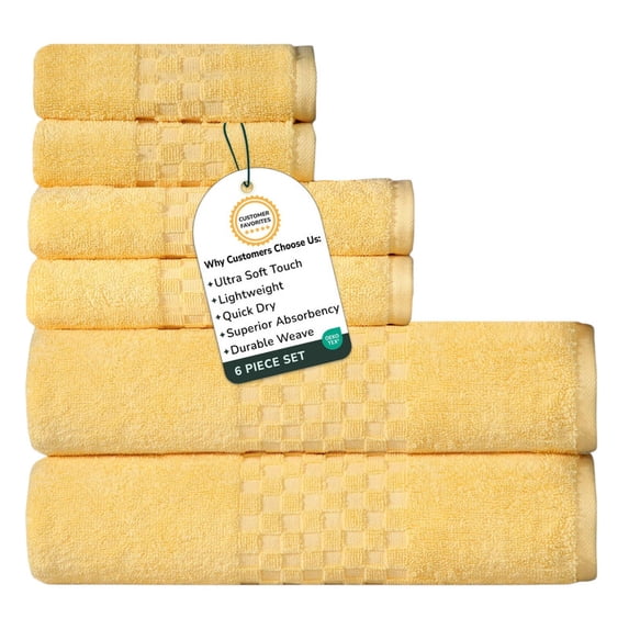 Feather and Stitch Premium 100% Cotton 6-Piece Towel Set, Yellow – Soft, Plush, and Absorbent Bathroom Towels