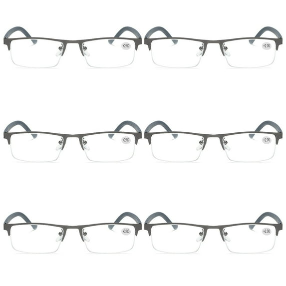 6 PK Men's Blue Light Blocking Reading Glasses - Rectangular Metal Half-Frame - Spring Hinge Readers +1.00