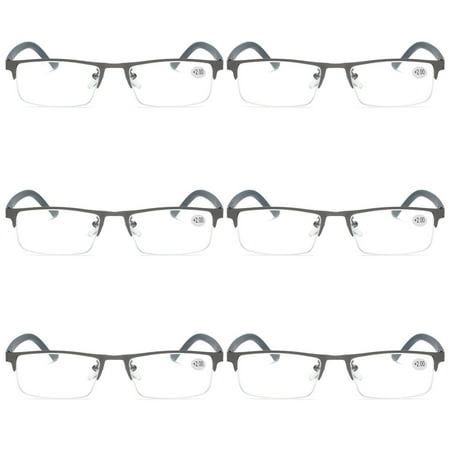 6 PK Men's Blue Light Blocking Reading Glasses - Rectangular Metal Half-Frame - Spring Hinge Readers +2.00
