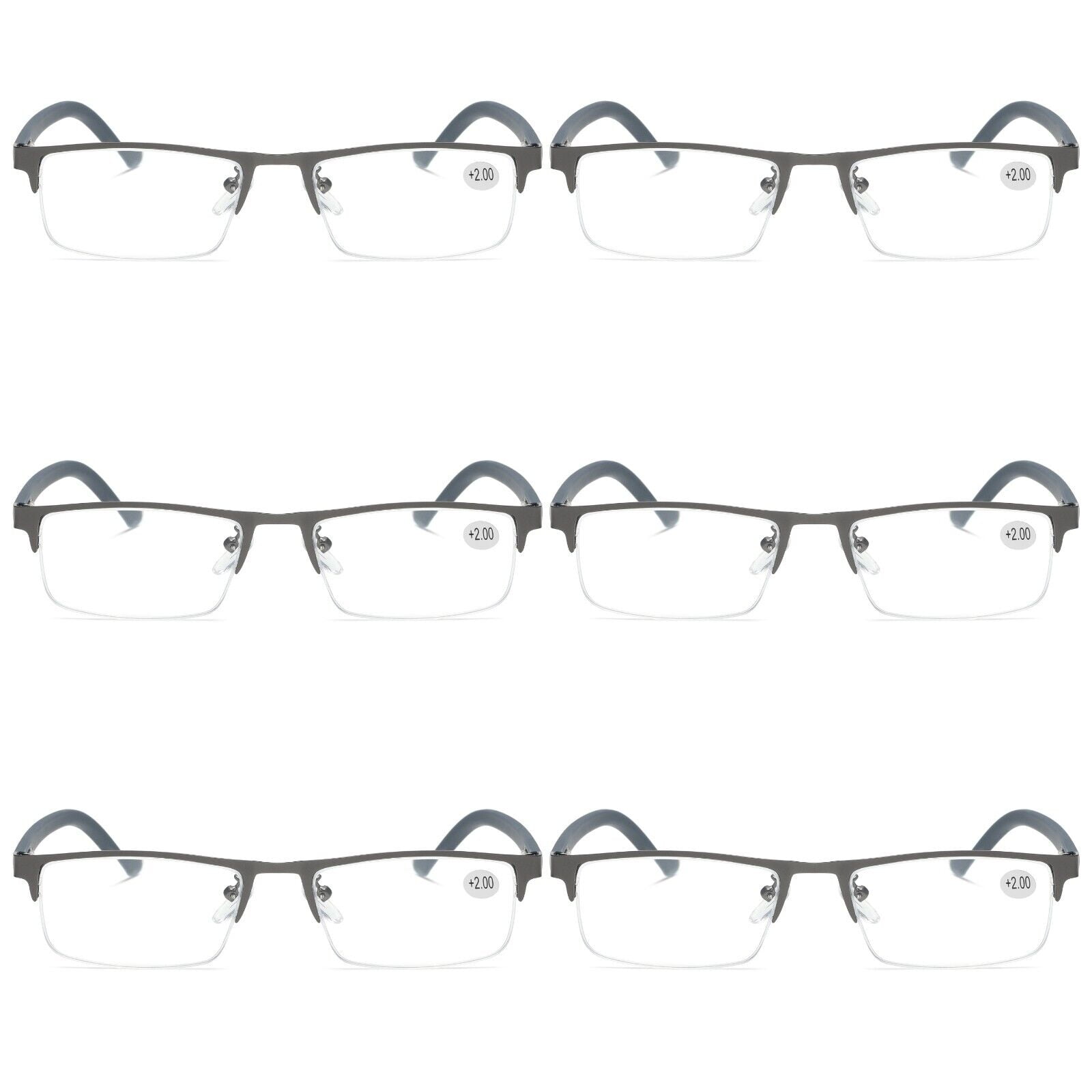 6 PK Men's Blue Light Blocking Reading Glasses - Rectangular Metal Half-Frame - Spring Hinge Readers +2.50