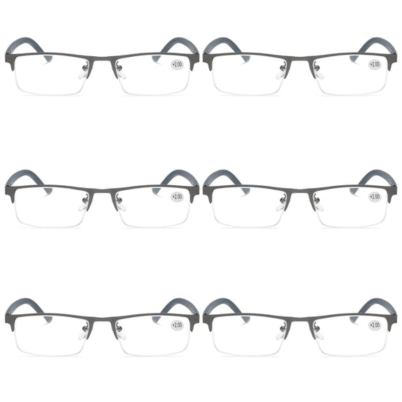 6 PK Men's Blue Light Blocking Reading Glasses - Rectangular Metal Half-Frame - Spring Hinge Readers +2.50