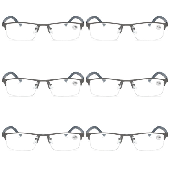 6 PK Men's Blue Light Blocking Reading Glasses - Rectangular Metal Half-Frame - Spring Hinge Readers +2.75