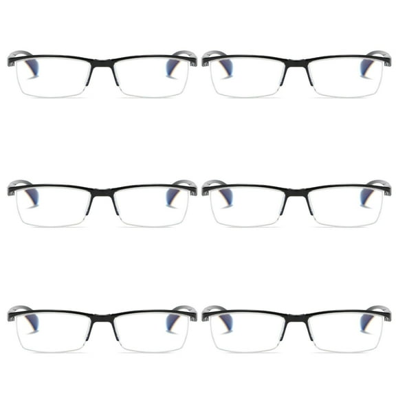 6 PK Mens Reading Glasses Readers - Rectangular Half-Frame - Lightweight & Spring Hinge - Block Harmful Blue Light +0.75