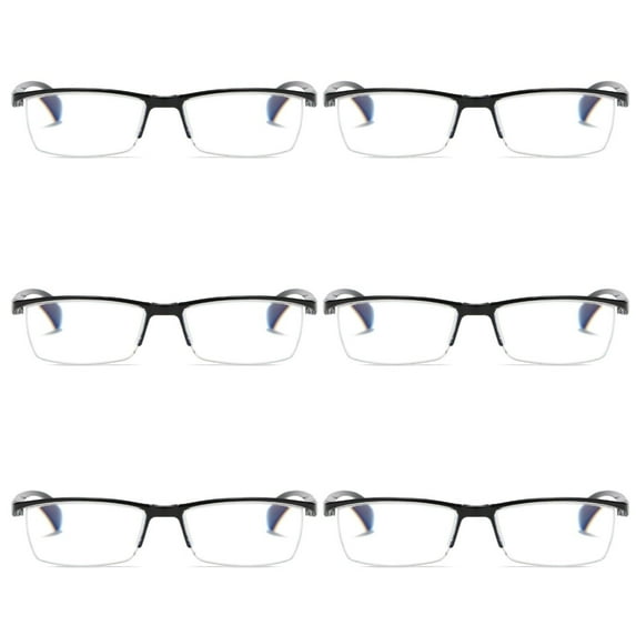 6 PK Mens Reading Glasses Readers - Rectangular Half-Frame - Lightweight & Spring Hinge - Block Harmful Blue Light +2.25