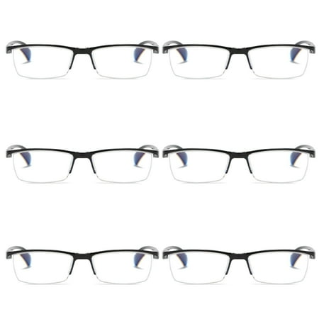 6 PK Mens Reading Glasses Readers - Rectangular Half-Frame - Lightweight & Spring Hinge - Block Harmful Blue Light +2.75