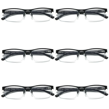 6 PK Mens Reading Glasses Spring Hinge - Square Metal Half-Frame - Blue Light Blocker Readers +0.75