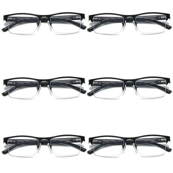 6 PK Mens Reading Glasses Spring Hinge - Square Metal Half-Frame - Blue Light Blocker Readers +1.25