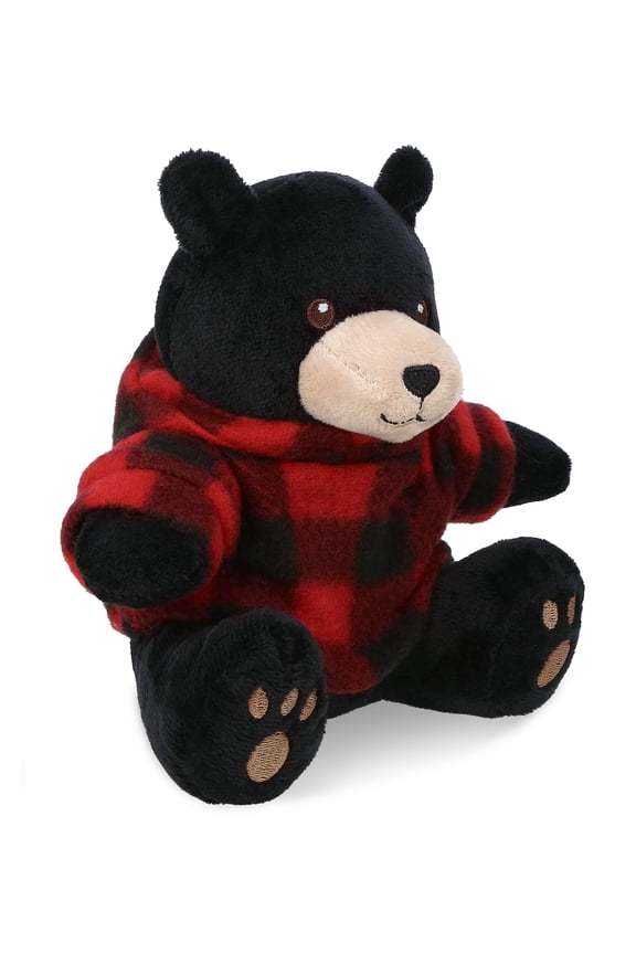Super Soft Black Bear with Clothes Stuffed Animal and Plaid Red Hoodie Sweater - Cute Bear Plush Lumberjack Stuffed Toy with Plaid Jacket Dress Up for Christmas, Holiday, Winter - 6 Inches