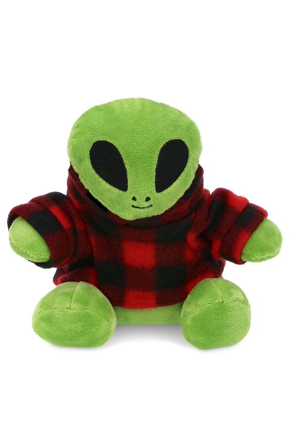 Space Alien with Clothes Stuffed Toy and Plaid Red Hoodie Sweater - Cute Alien Plush Lumberjack Stuffed Toy with Plaid Jacket Dress Up for Christmas, Holiday, Winter - 6 Inches