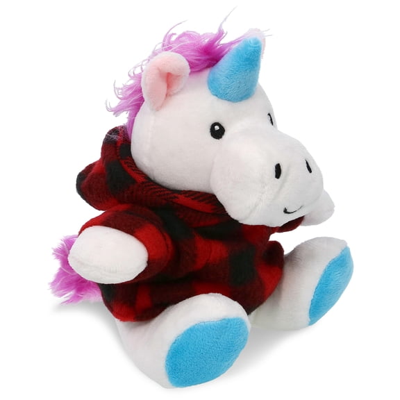 DolliBu Super Soft Unicorn with Clothes Stuffed Animal and Plaid Red Hoodie Sweater - Cute Unicorn Plush Lumberjack Stuffed Toy with Plaid Jacket Dress Up for Christmas, Holiday, Winter - 6 Inches