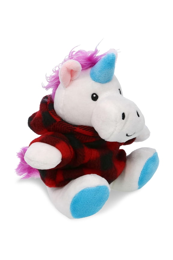 Super Soft Unicorn with Clothes Stuffed Animal and Plaid Red Hoodie Sweater - Cute Unicorn Plush Lumberjack Stuffed Toy with Plaid Jacket Dress Up for Christmas, Holiday, Winter - 6 Inches