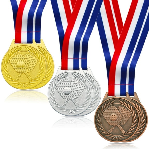 6 Pach Pickleball Medals - 2.56 Inch Gold Silver Bronze Metal Pickle Ball Medal with V Neck Ribbons for Kids Adults Trophy Award Prize Gift