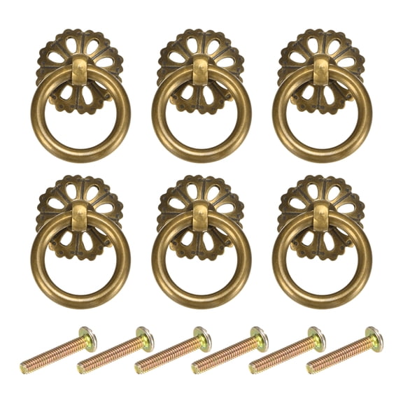 6 Pack 1.18" Brass Drawer Pulls and Knobs with Screws, Hollow Flower, Bronze