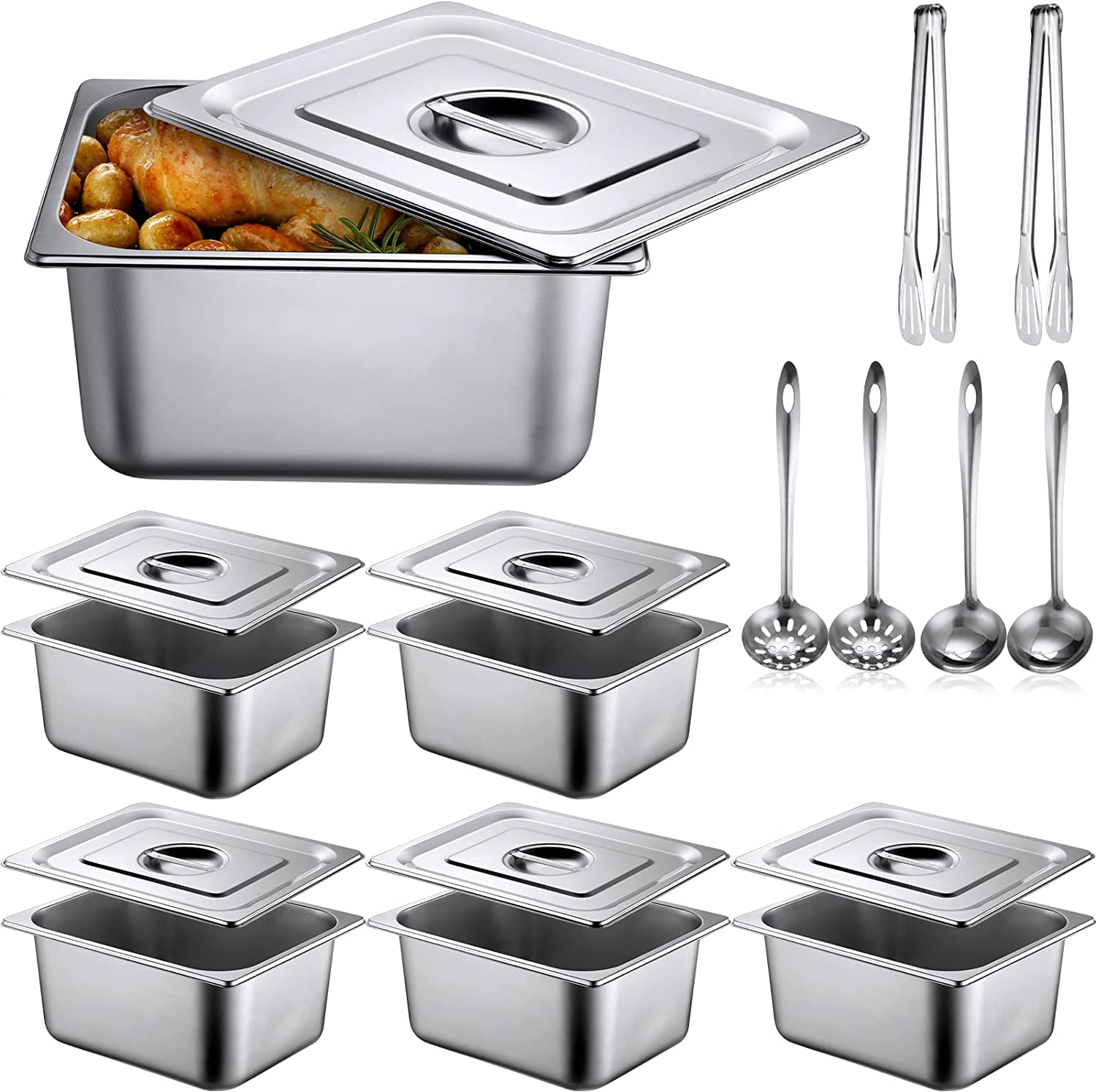 6 Pack 1/2 Hotel Pan with Lid 6 Deep Half Size Anti Jamming Steam Table