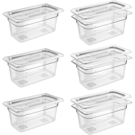 6 Pack 1/3 Size 6'' Deep Clear Food Pans with Lids, Commercial Food Pans Polycarbonate Transparent Food Storage Containers, Stackable Plastic Pan with Capacity Scale, Restaurant Supplies Hotel Pan