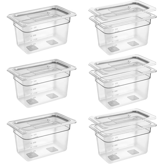6 Pack 1/4 Size 6'' Deep Clear Food Pans with Lids, Commercial Food Pans Polycarbonate Transparent Food Storage Containers, Stackable Plastic Pan with Capacity Scale