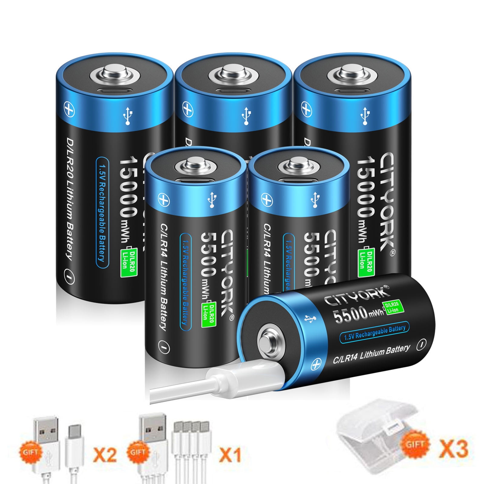 Model Usb Battery 6 Pack 1.5V USB Lithium High Capacity Battery, 3 Pack 5500mWh C Size ...