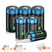 6 Pack 1.5V USB Lithium High Capacity Battery, 3 Pack 5500mWh C Size Rechargeable Batteries and 3 Pack 15000mWh D Size Rechargeable Batteries with Battery Case and Charging Cable