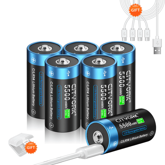 6 Pack 1.5V USB Rechargeable Lithium Batteries, Constant Output C Cell Li-ion Batteries, Fast Charging,5500mWh