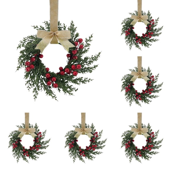 6 Pack 10.23 Inch Farmhouse Christmas Wreaths, Artificial Pine Mini Wreaths with Red Berries & Ribbon Bows for Mantel, Cabinet, Window, Door & Wall Decor