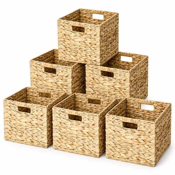 6-Pack 10.5-Inch Cube Wicker Storage Baskets with Handles Woven Water Hyacinth Basket Set, Collapsible Rattan Organizing Bins for Shelf, Nursery, Bathroom, Pantry, Closet