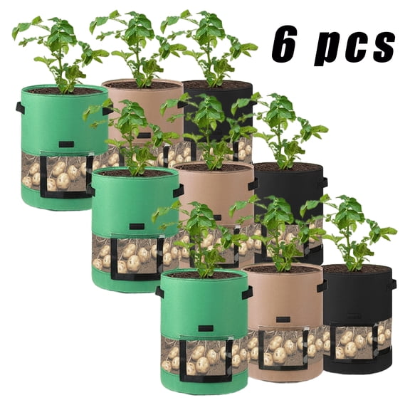 6 Pack 10 Gallon Potato Grow Bags with Harvest Window, Heavy Duty Nonwoven Fabric Planter Pots with Handles for Vegetables