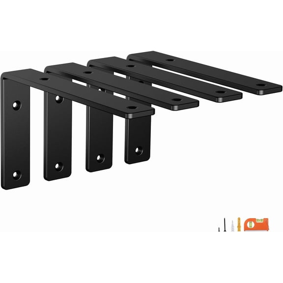 6-Pack 10 Inch Heavy Duty Shelf Brackets, Premium Floating L Bracket for Wall, Kitchen, Mantel Shelves Support | Quarter Inch (1/4") Thick | Black Powder Coated Steel