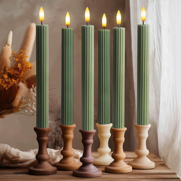 6 Pack, 10" LED Flameless Loden Green Fluted Ribbed Grooved Taper Candles, Remote & 24h Timer Memory, On/Off Button, Dimmable, Flicker Mode, Battery Operated, Christmas Menorah Wedding