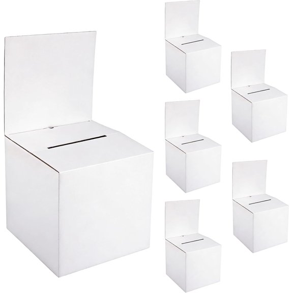 6 Pack 10 x 10 x 10 Inch Raffle Boxes with Slot, Large Cardboard Ballot Box with Removable Header, Donation Box for Voting, Donation, Fundraising, Suggestion & Ballot Contest(White)