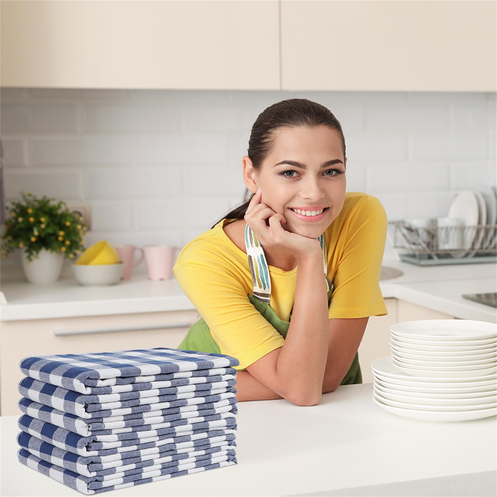 6-Pack 100% Cotton Absorbent Kitchen Towels Buffalo Pattern Blue