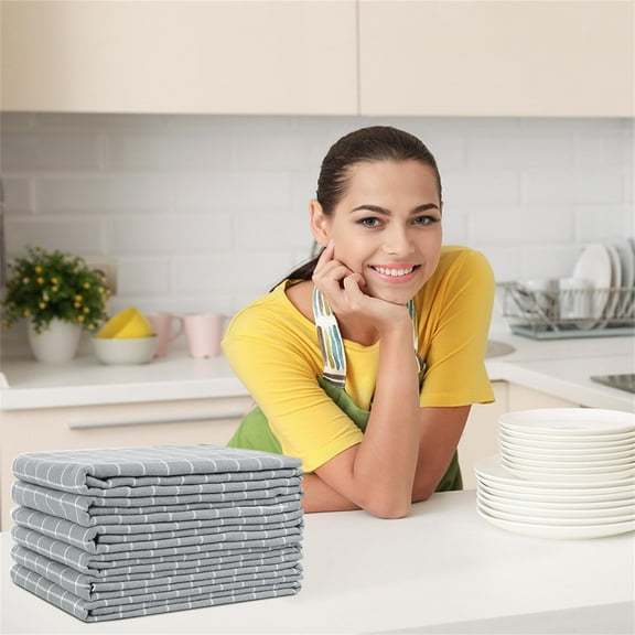 6-Pack 100% Cotton Absorbent Kitchen Towels Classic Plaid Style Grey