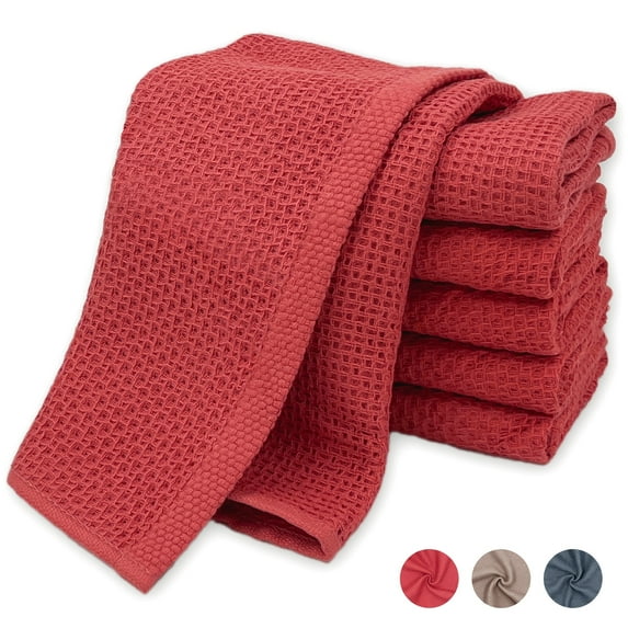 6 Pack 100% Cotton Dish Towels, Waffle Weave Dish Cloths for Washing Dishes, Quick Drying Kitchen Dish Towels Rags, 12x12 Inches, Red