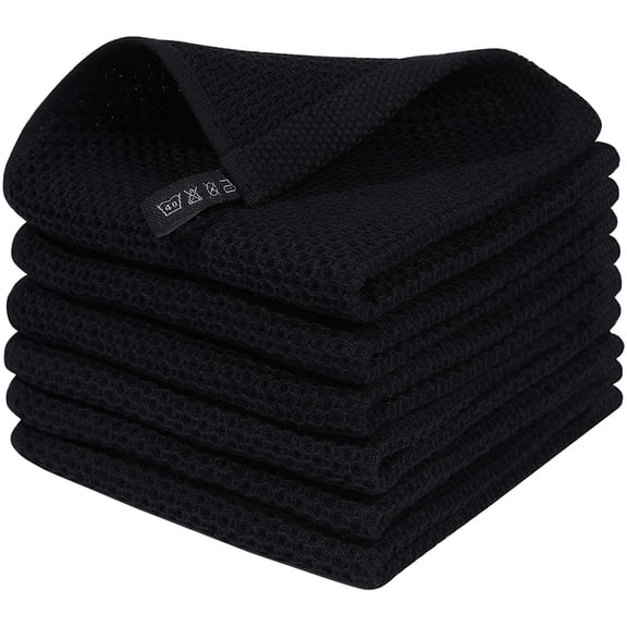 6 Pack 100% Cotton Kitchen Dish Cloths, Waffle Weave Dish Cloths for Washing Dishes, Quick Drying Kitchen Dish Towels Rags, 12x12 Inches, Black