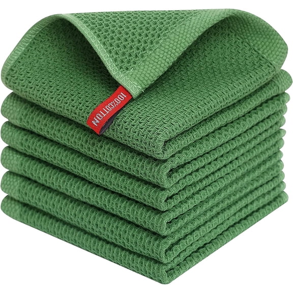 6 Pack 100% Cotton Kitchen Dish Cloths, Waffle Weave Dish Cloths for Washing Dishes, Quick Drying Kitchen Dish Towels Rags, 12x12 Inches, Green