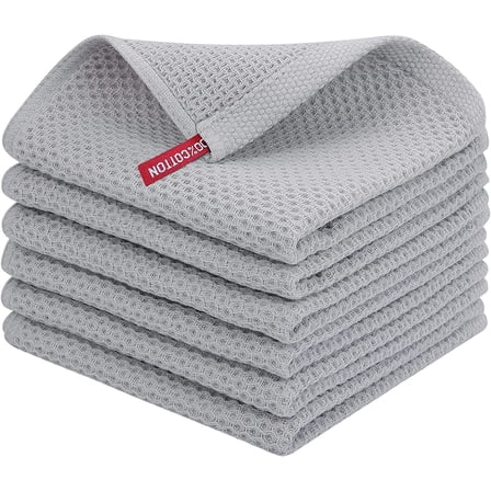 6 Pack 100% Cotton Kitchen Dish Cloths, Waffle Weave Dish Cloths for Washing Dishes, Quick Drying Kitchen Dish Towels Rags, 12x12 Inches, Light Gray