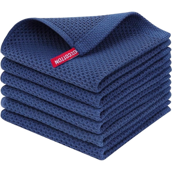 6 Pack 100% Cotton Kitchen Dish Cloths, Waffle Weave Dish Cloths for Washing Dishes, Quick Drying Kitchen Dish Towels Rags, 12x12 Inches, Navy Blue
